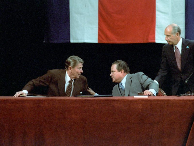 President Ronald Reagan and Luis Alberto Monge Alvarez at The Signing of The United States/Costa Rica Extradition Treaty at The National Theater in San Jose Costa Rica. This item was produced or created on December 4, 1982.The creator compiled or maintained the parent series, Reagan White House Photographs, between January 20, 1981–January 20, 1989.