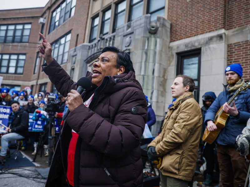 National Education Association President Becky Pringle speaks to Newton Public School educators as they rallied together on the lawn of Newton's Education Center, marking the ninth day of their strike. Photo by Erin Clark/The Boston Globe via Getty Images
