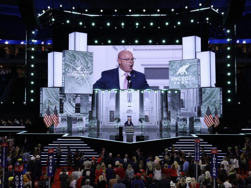 President of the International Brotherhood of Teamsters Sean O’Brien speaks on stage on the first day of the Republican National Convention at the Fiserv Forum on July 15, 2024 in Milwaukee, Wisconsin. Photo by Chip Somodevilla/Getty Images