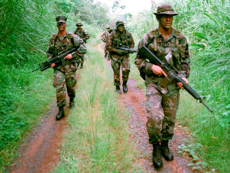 U.S. Marines Search The Tree Line For Trails Left By Intruders During A Jungle Patrol On Fort Howard, Panama, On June 11, 1999. Photo By Getty Images