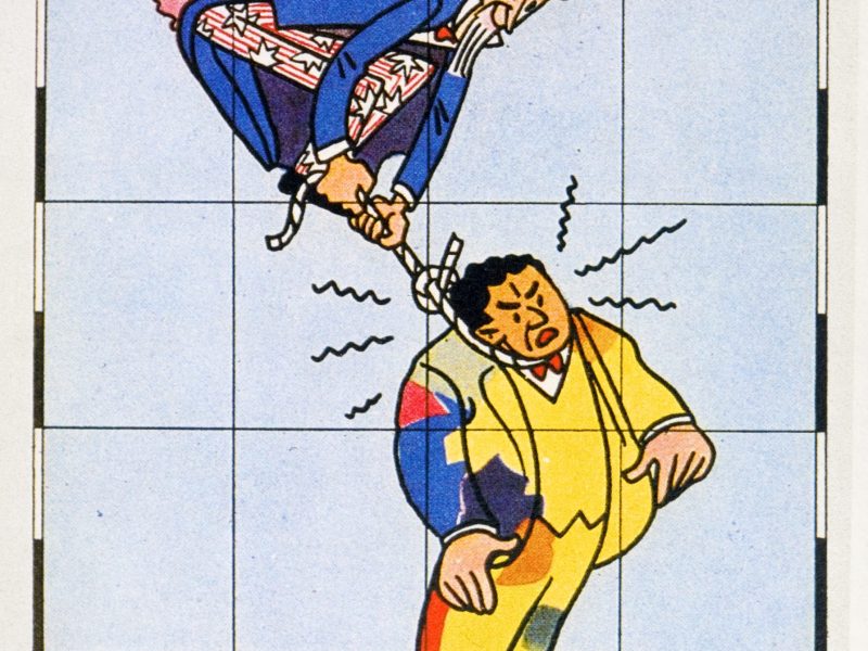 The Monroe Doctrine in action. Card from 1941 showing Uncle Sam strangling the neck of South America according to the terms of the Monroe Doctrine which gave the United States supremecy in the Western Hemisphere for nearly two centuries. Photo by Michael Nicholson/Corbis via Getty Images