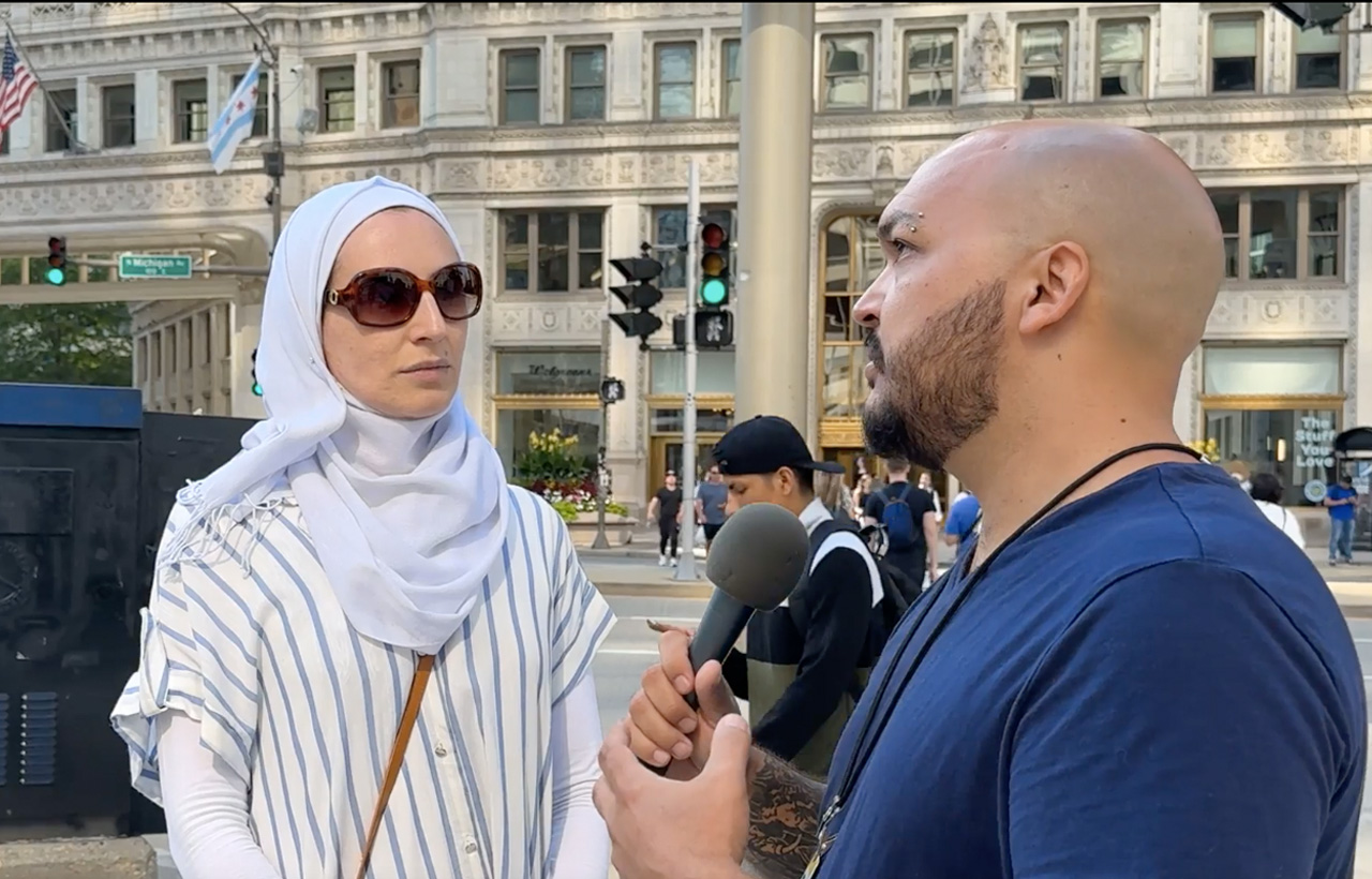 Maximillian Alvarez interviews Yasmine Ahlawi in Chicago, Illinois, on Aug. 20, 2024. Screenshot by TRNN