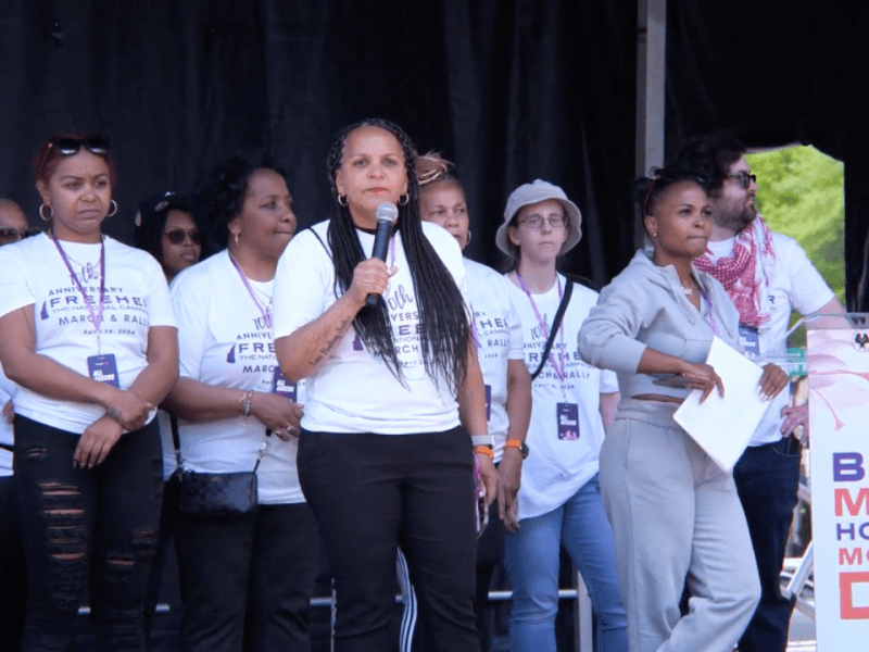 Andrea James, founder and executive director of the National Council for Incarcerated and Formerly Incarcerated Women and Girls, addresses the crowd at the FreeHer march in Washington, D.C. on April 18, 2024. Still taken from video by TRNN